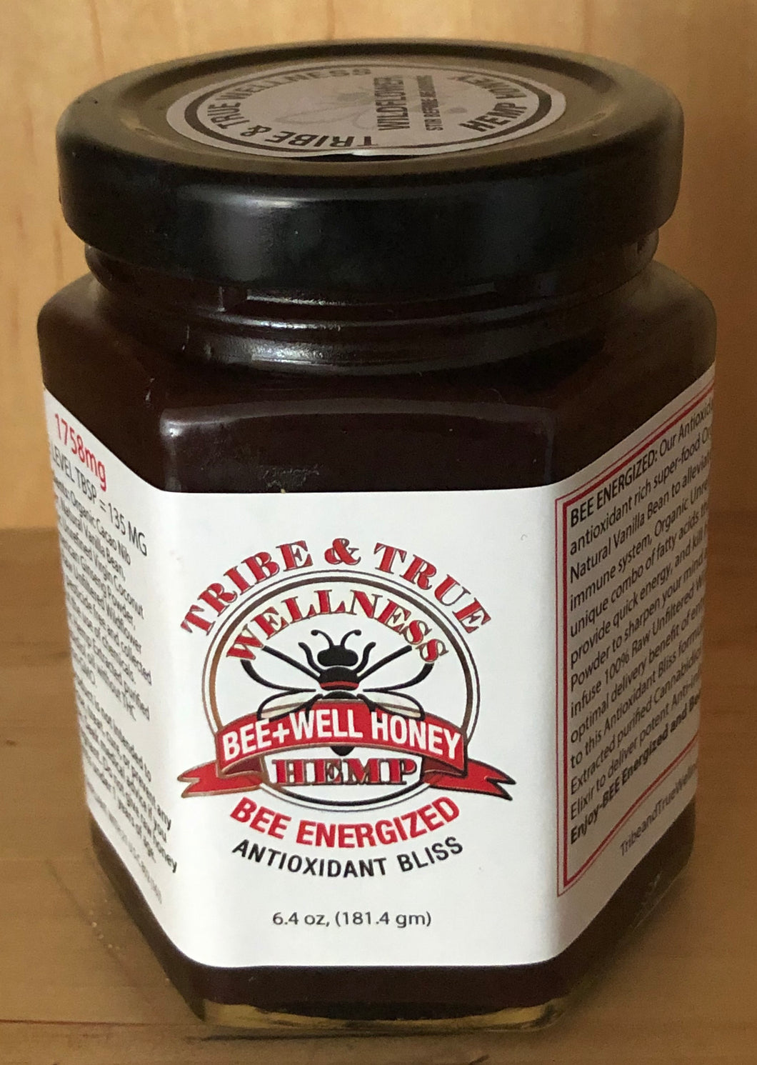 BEE Energized - Antioxidant Bliss Cacao Vanilla Hemp Honey, 1758 mg strength, 45 mg per teaspoon or 135 mg per tablespoon,  6.4oz jar