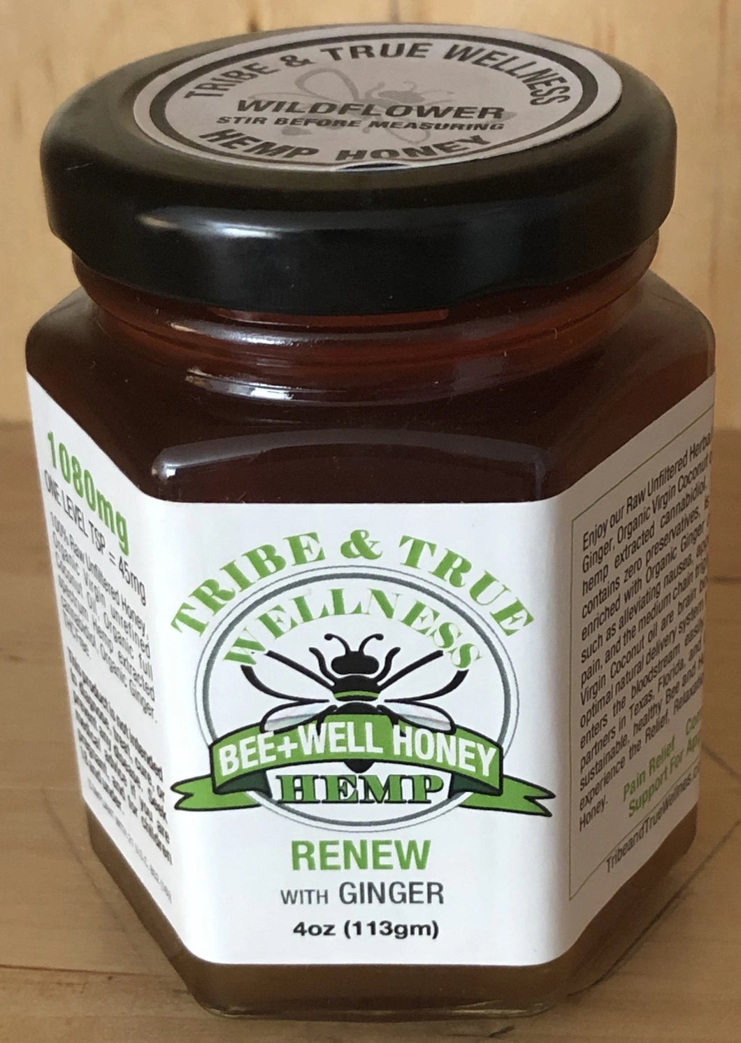 BEE Renewed - Ginger Hemp  Honey, 1080 mg strength, 45 mg per teaspoon, 4 oz jar